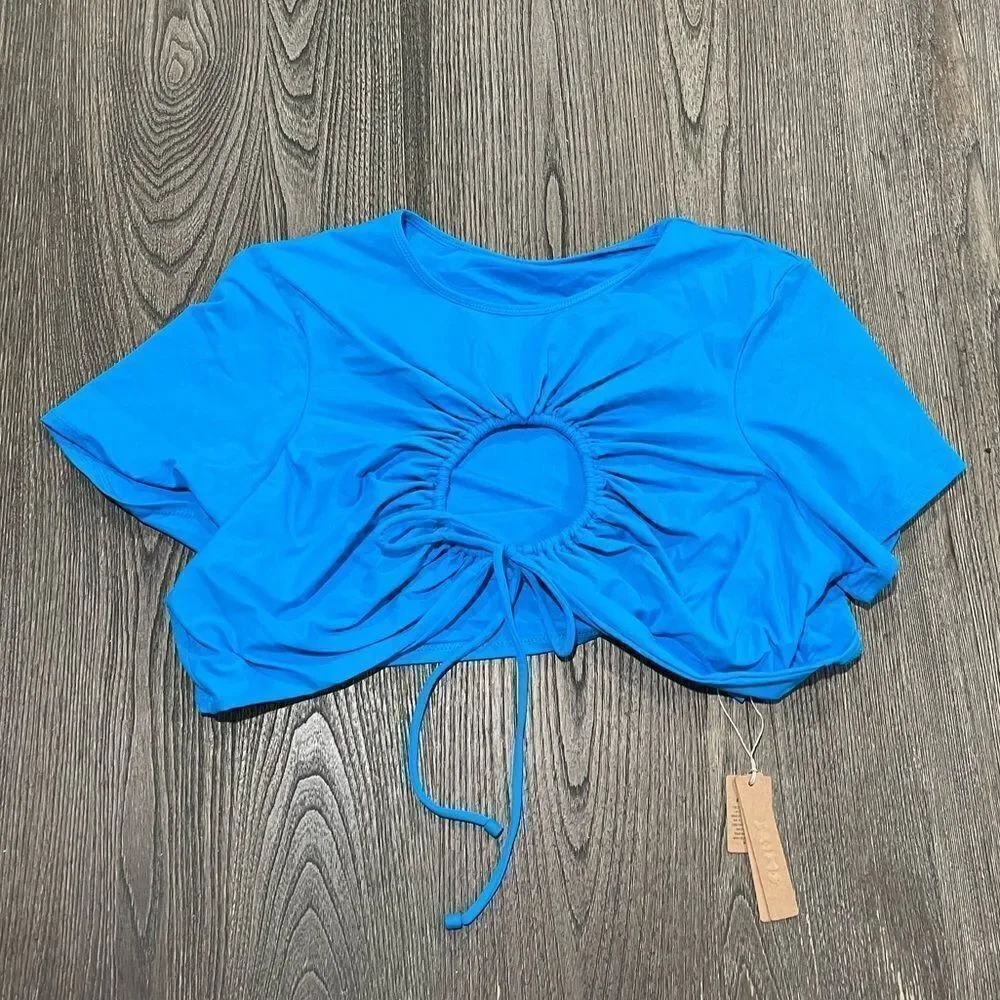 NWT Skims Signature Swim Ruched T-Shirt Cropped Keyhole Turquois Blue Size 4XL